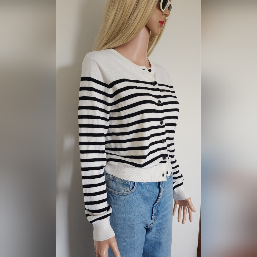 H&M HM STRIPPED Ivory Black Button Up CARDIGAN Sweater Lightweight Medium Knit